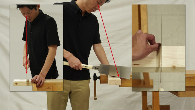 Japanese woodworking saw technique showing proper angle, alignment, and precision for accurate cutting. Demonstrating the correct posture and tool handling.